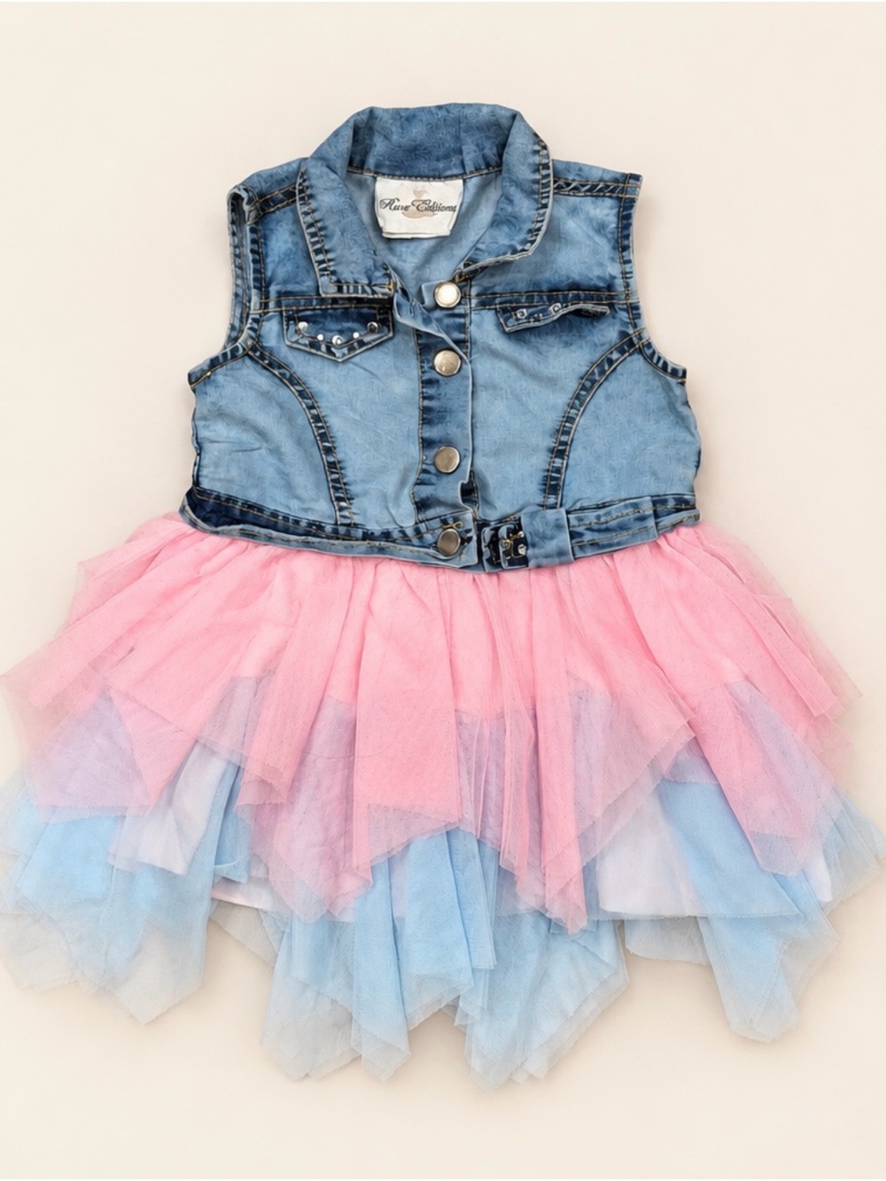 Rare Editions Denim & Pink Blue Tulle Dress
